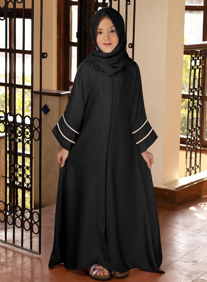 ODIZLI Abaya Dress For Girls Dubai Prayer Abayas with Hijab Eid Ramadan Arabian Full Cover Modest Clothes Maxi Chiffon Muslim Two Piece Open Cardigan Kaftan Robe Arabic Full Cover Dresses Black 9-10 Years - Image 2
